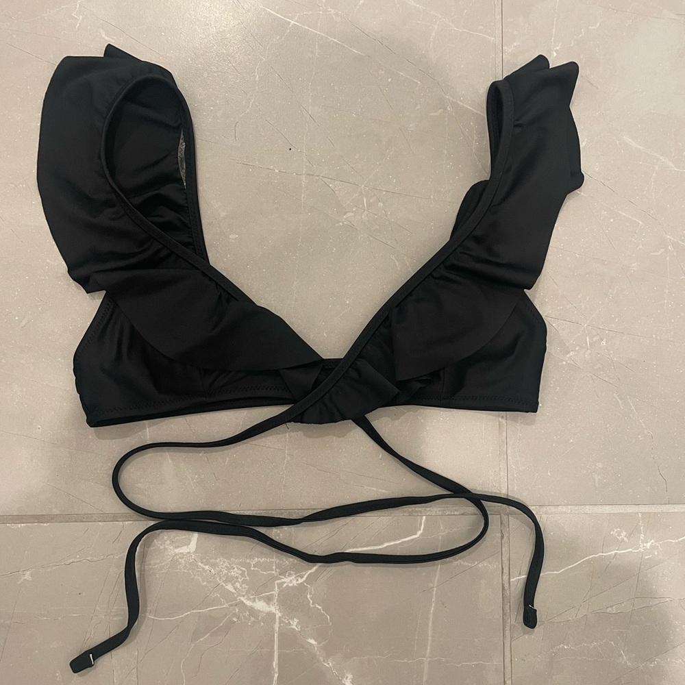 Aerie Black Ruffle Tie-Front Bikini Top XXS